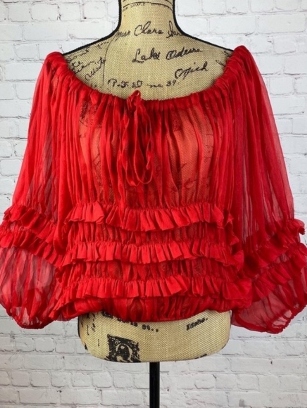 Red Ruffled Peasant Top - Unbranded